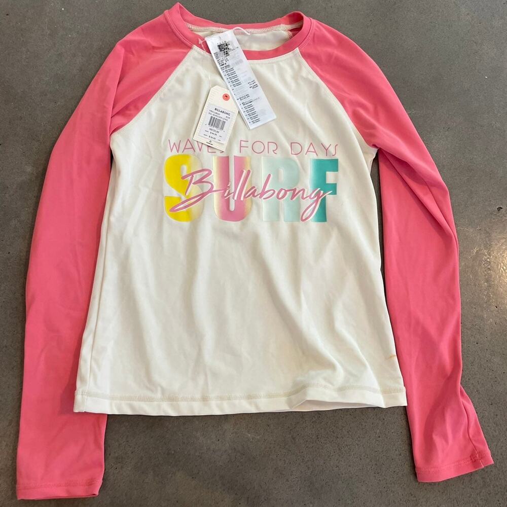 Billabong Wave surf pink beige long sleeve rashguard swim top girls medium new